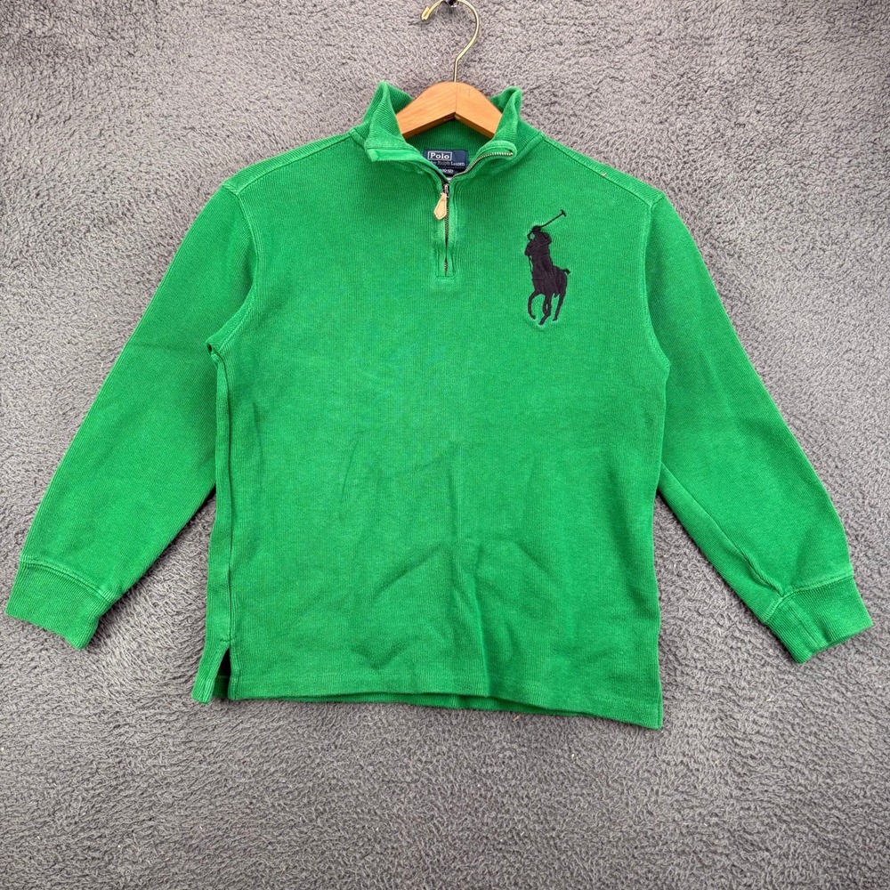 Polo Ralph Lauren Boys Green Big Pony 1/4‎ Zip Cotton Sweater Size M 10-12
